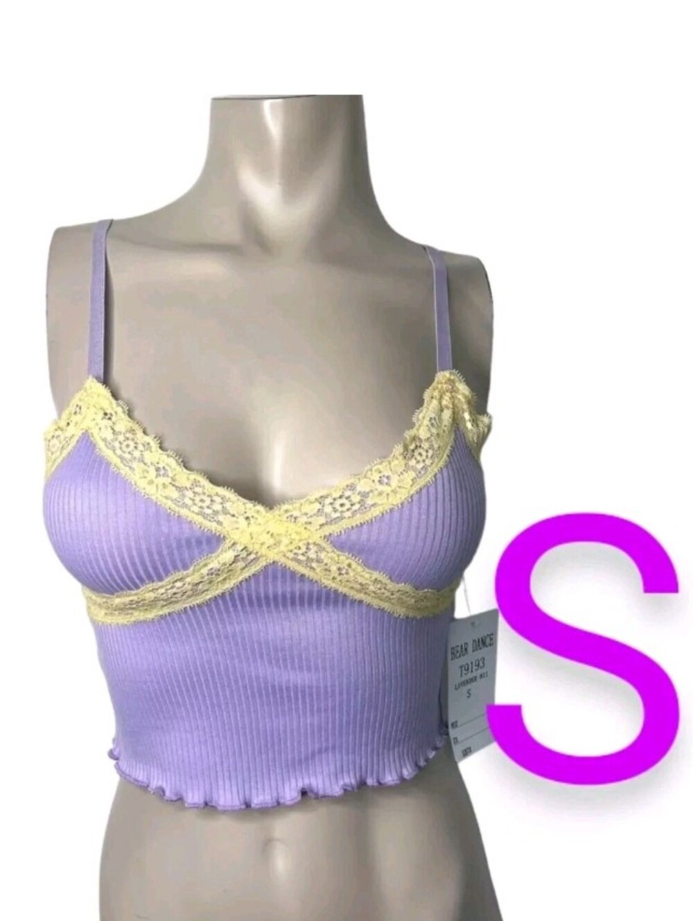 🆕Lavender Purple & Cream White Lace Lettuce Trim Ribbed Cami Crop Top ~Size S